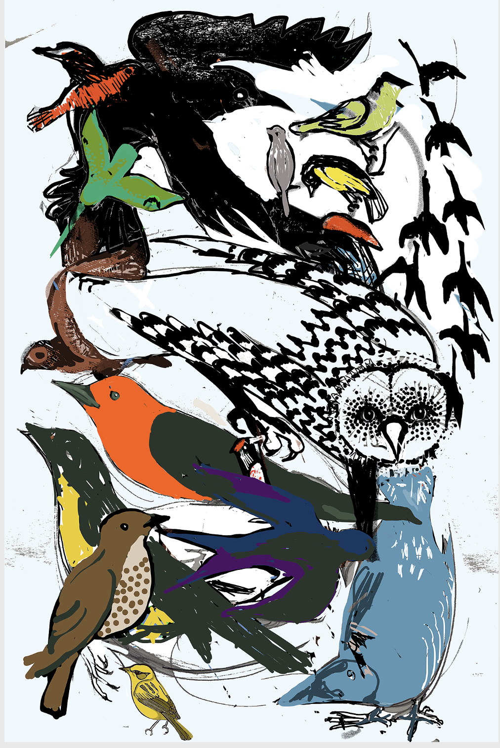 Digital drawing of birds swooping