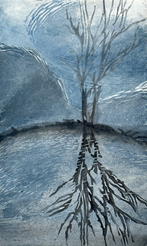 Mokuhanga print of trees reflected in water in shades of blue and gray
